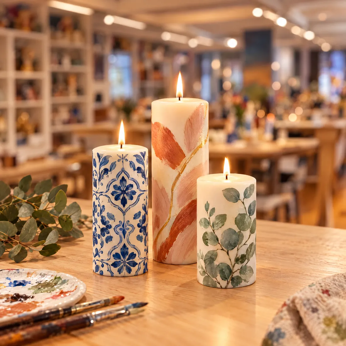 Three painted pillar candles with botanical and abstract designs