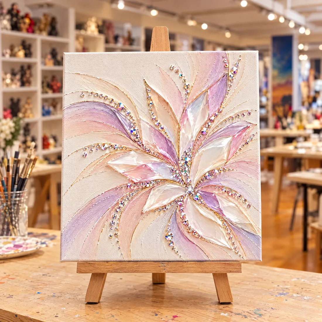 Paint & Sparkle pink and lilac gem canvas on an easel