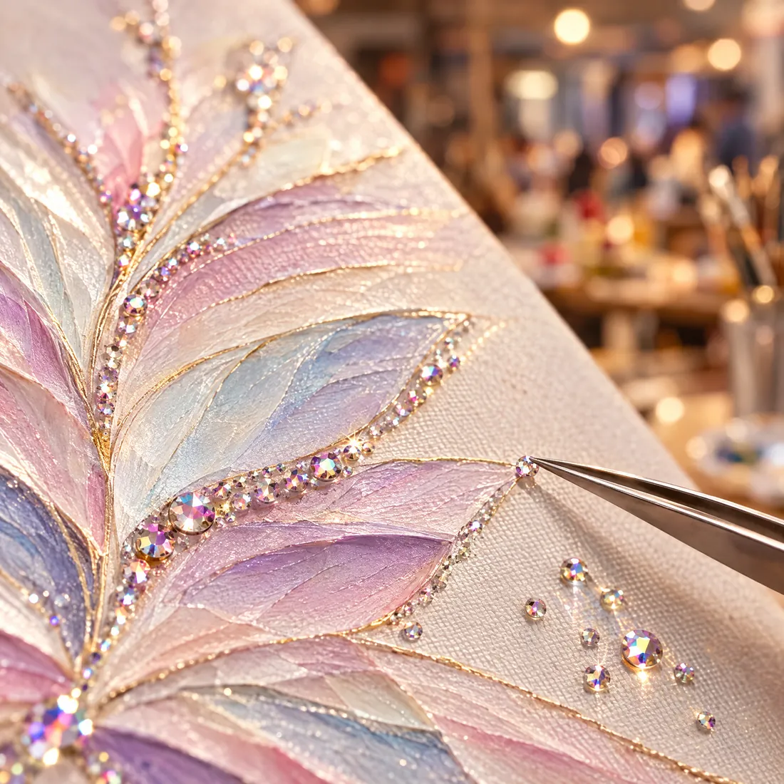 Paint & Sparkle close-up of gems being placed on painted canvas