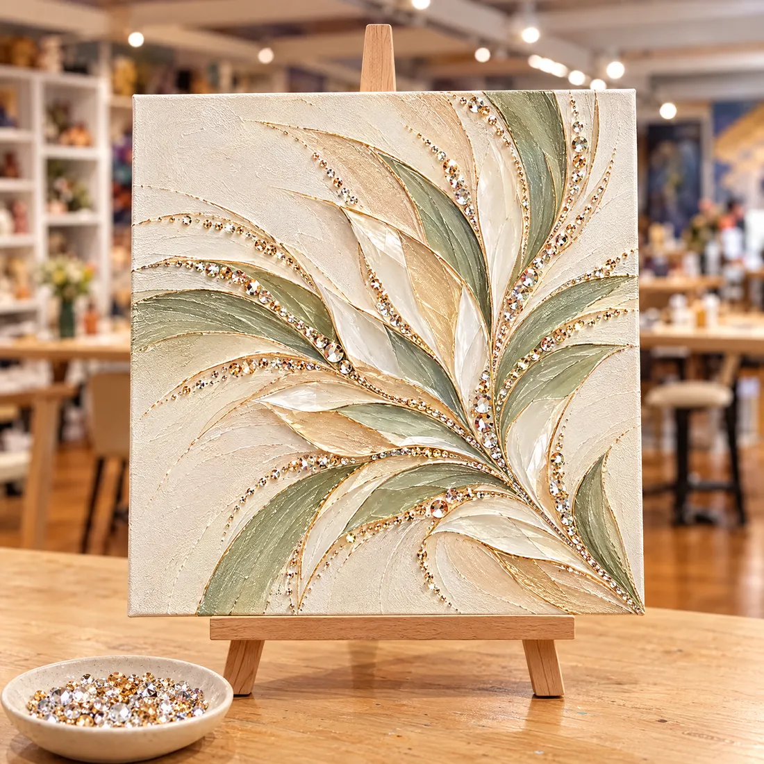 Paint & Sparkle cream and green gem canvas on an easel