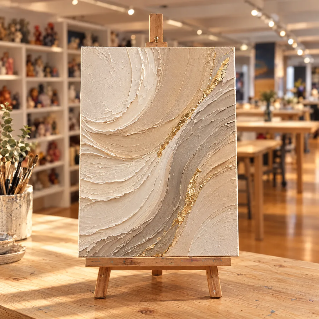 Cream and gold textured abstract canvas on an easel