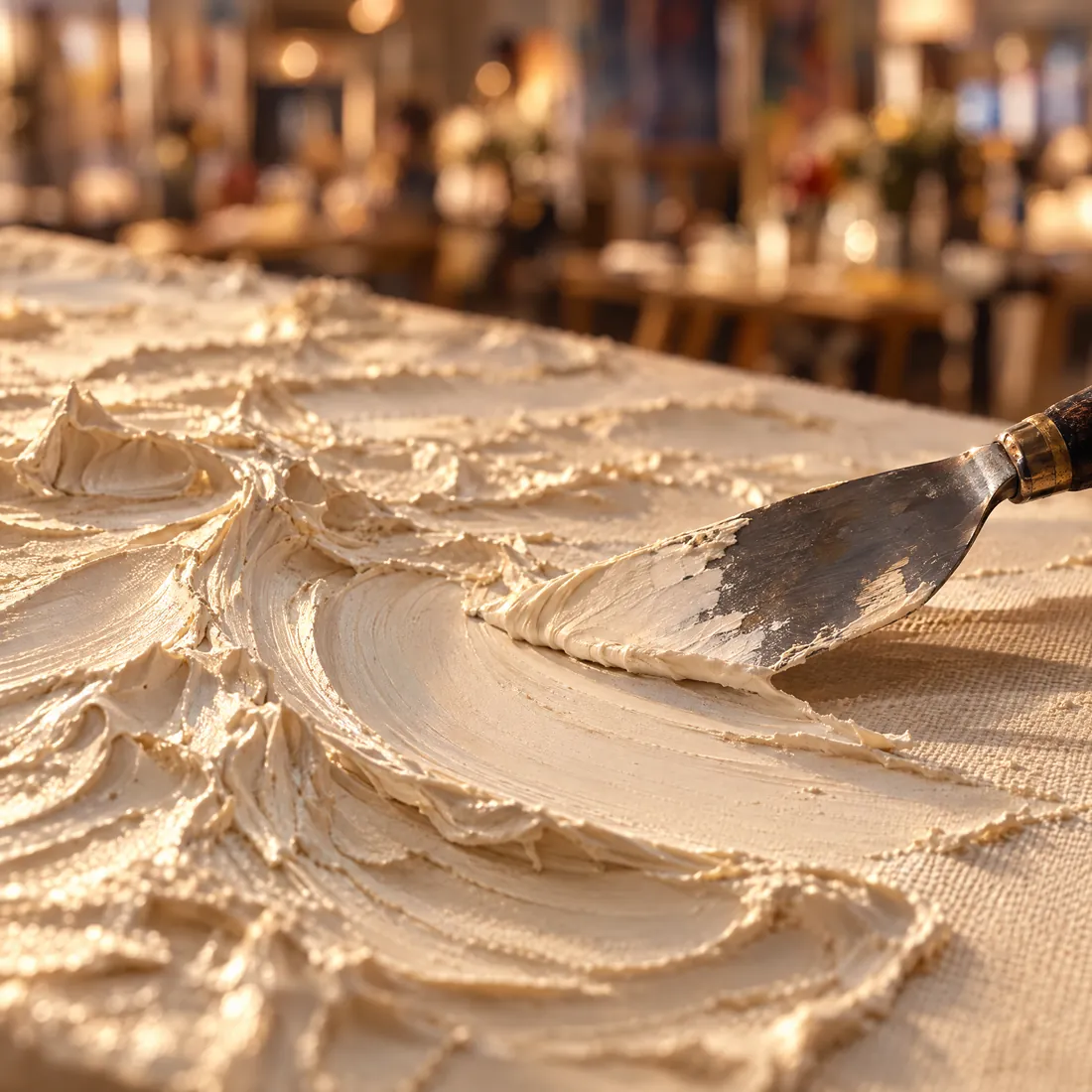 Palette knife creating textured cream paint