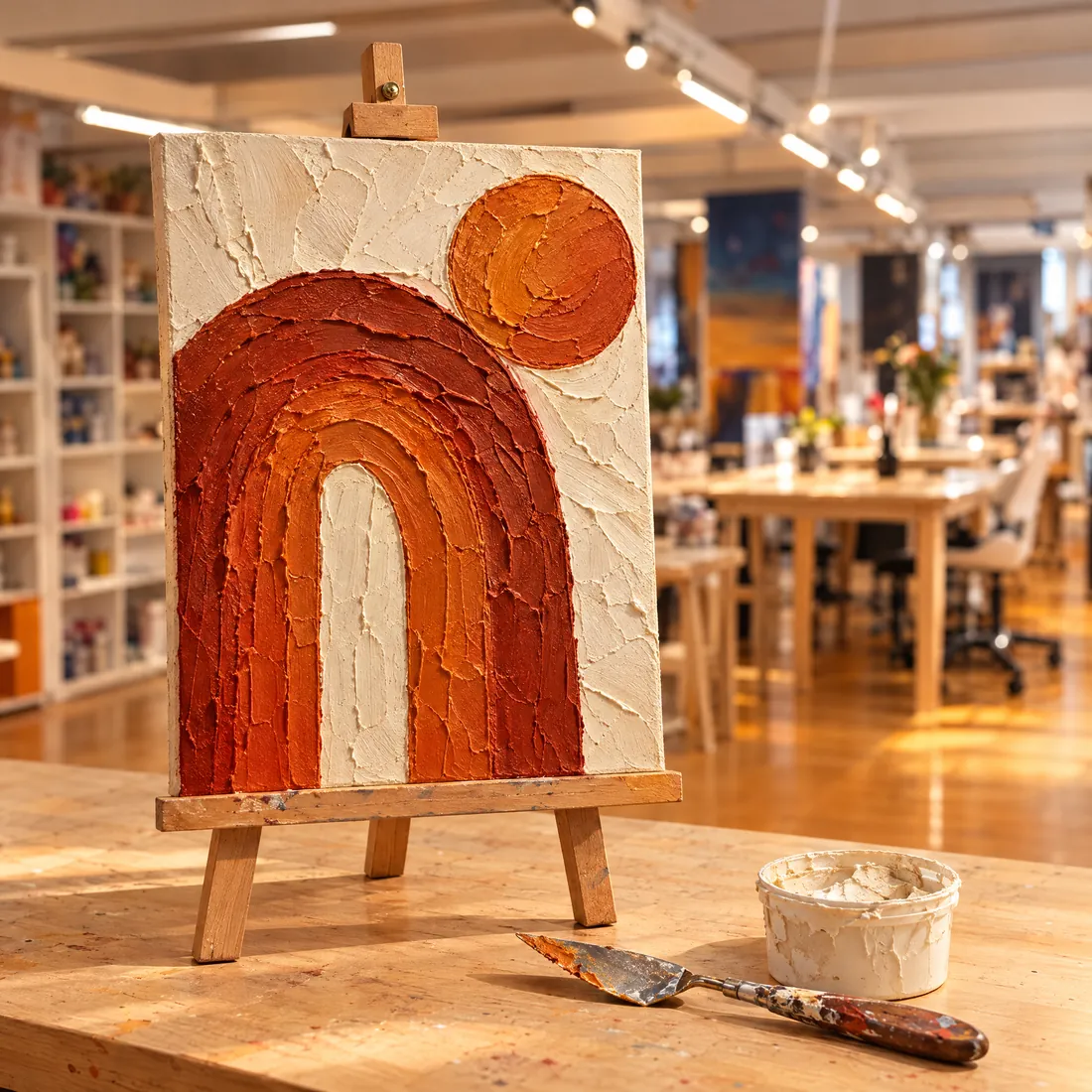 Orange textured rainbow canvas on an easel