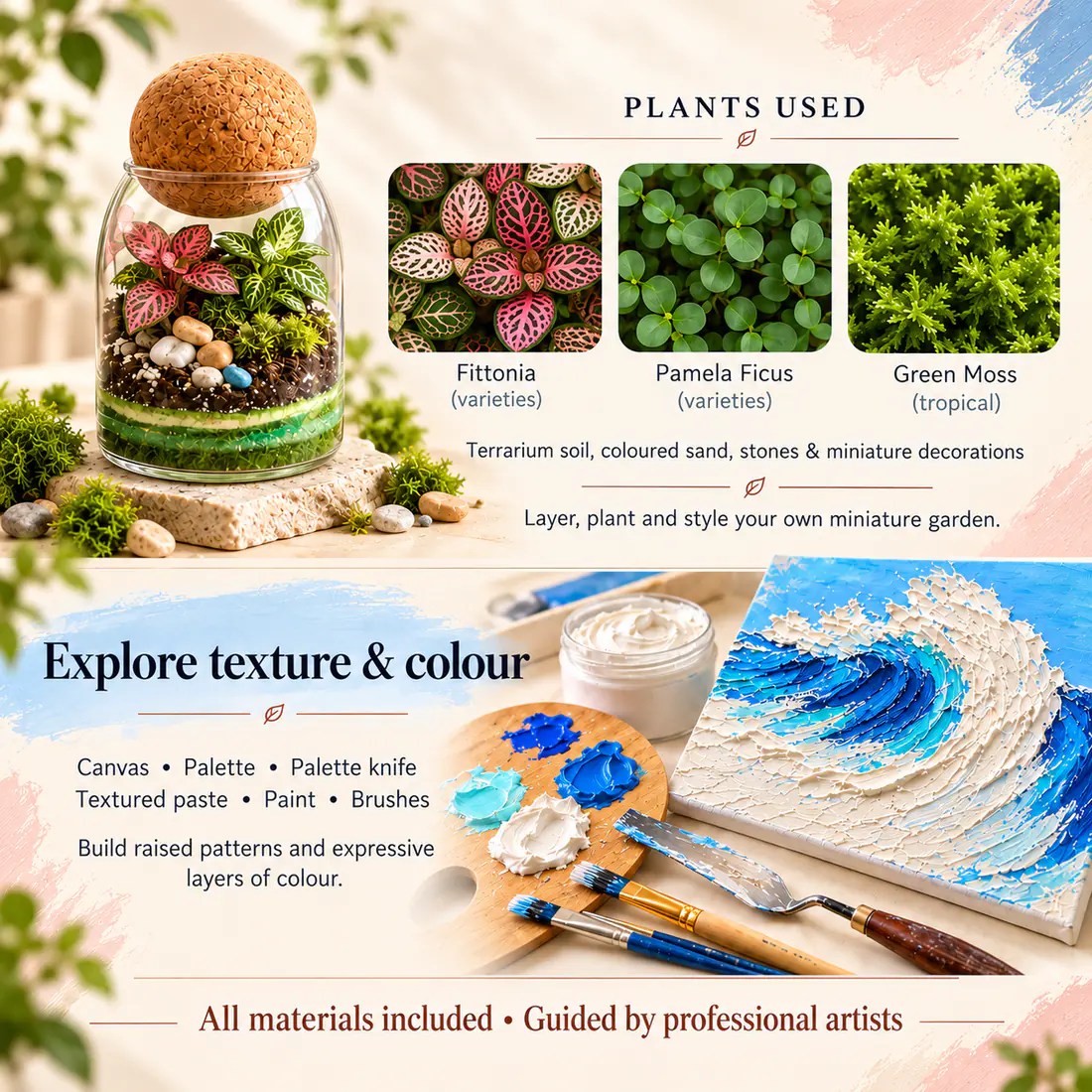 Terrarium plants and textured canvas materials for the workshop