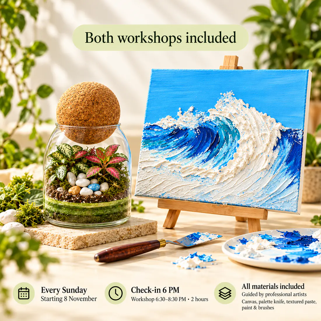 Living terrarium beside a textured blue ocean painting