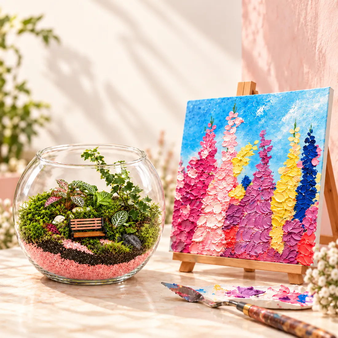 Sunlit terrarium and textured wildflower art on an easel